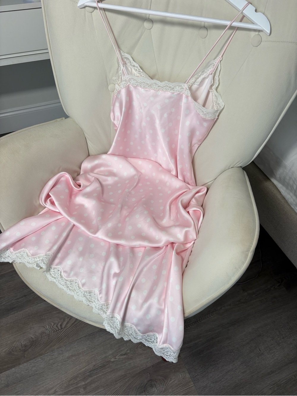 LoveShackFancy manuela Pale Pink Polka Dot Satin Slip Dress with White Lace - Picture 8 of 8